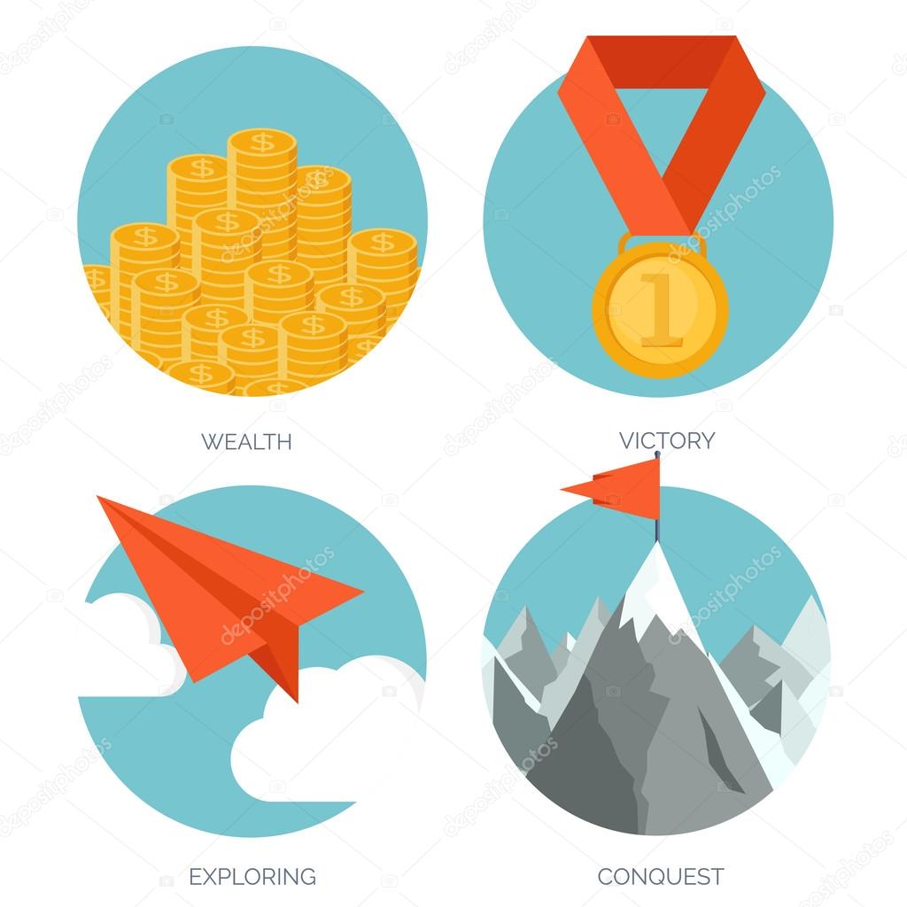 Vector illustration set. Flat business concept background. Achievements and mission. Aims and new ideas. Smart solutions. Travelling.