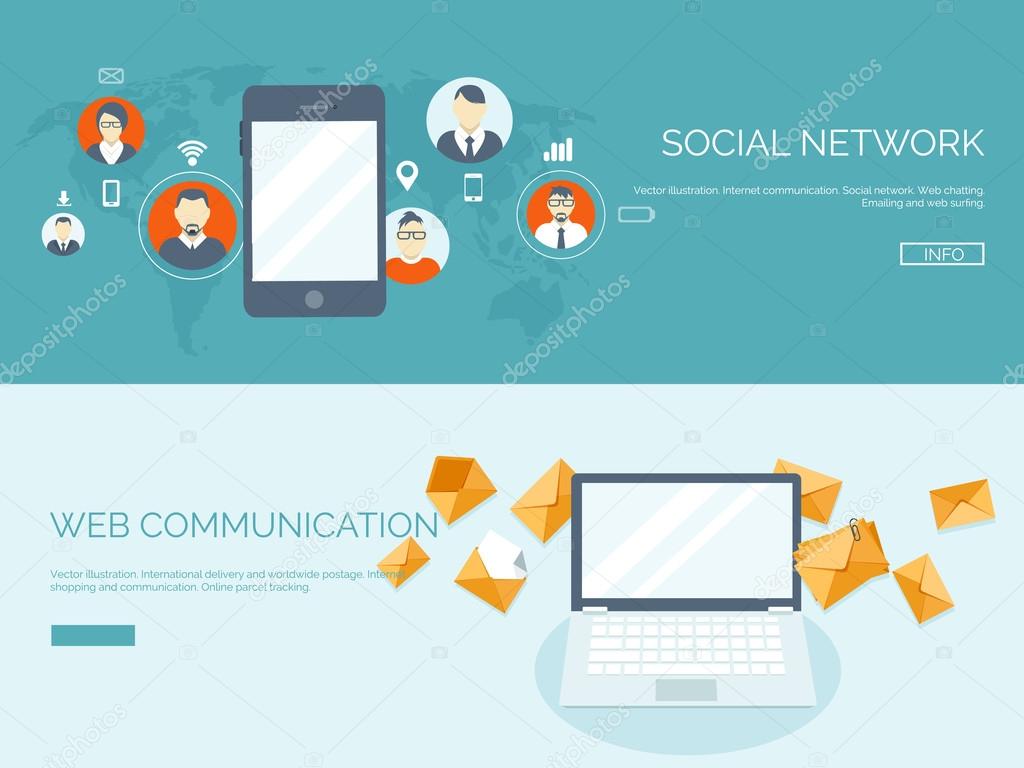 Vector illustration. Flat header.  Business communication and correspondence. Social network. Global communication. Web cha