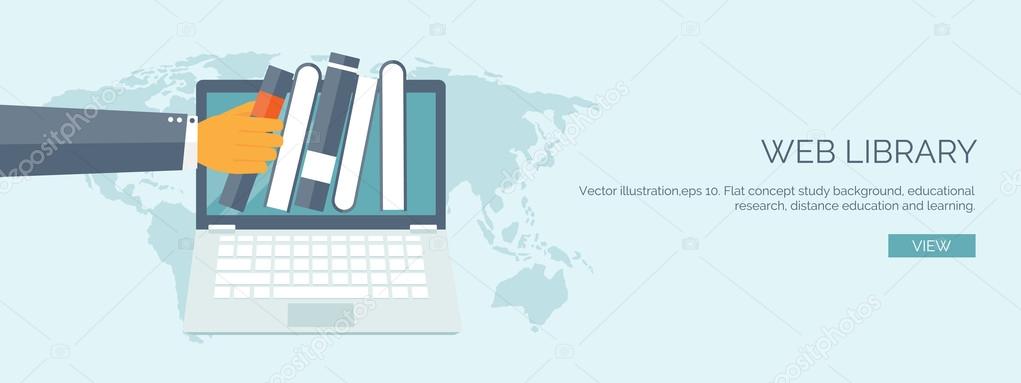 Vector illustration. Flat study background. Education and online courses, web tutorials, e-learning. Study and creative process. Power of knowledge. Video tutorials.