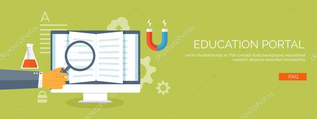 Vector illustration. Flat study background. Education and online courses, web tutorials, e-learning. Study and creative process. Power of knowledge. Video tutorials.