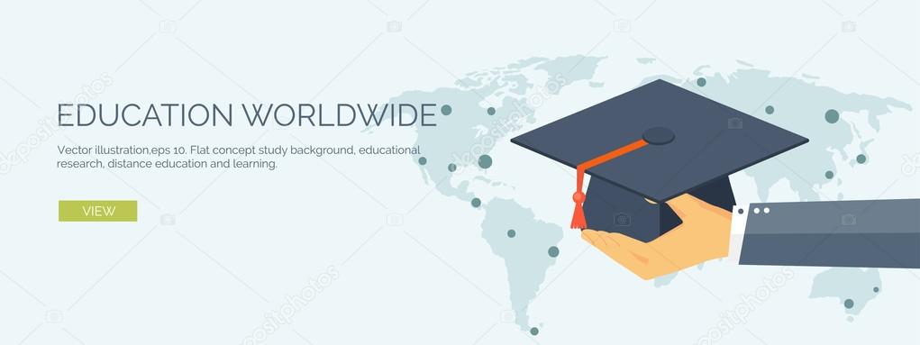 Vector illustration. University. Flat header. Education and learning. Online courses and web school. Knowledge and information. Study process. E-learning.