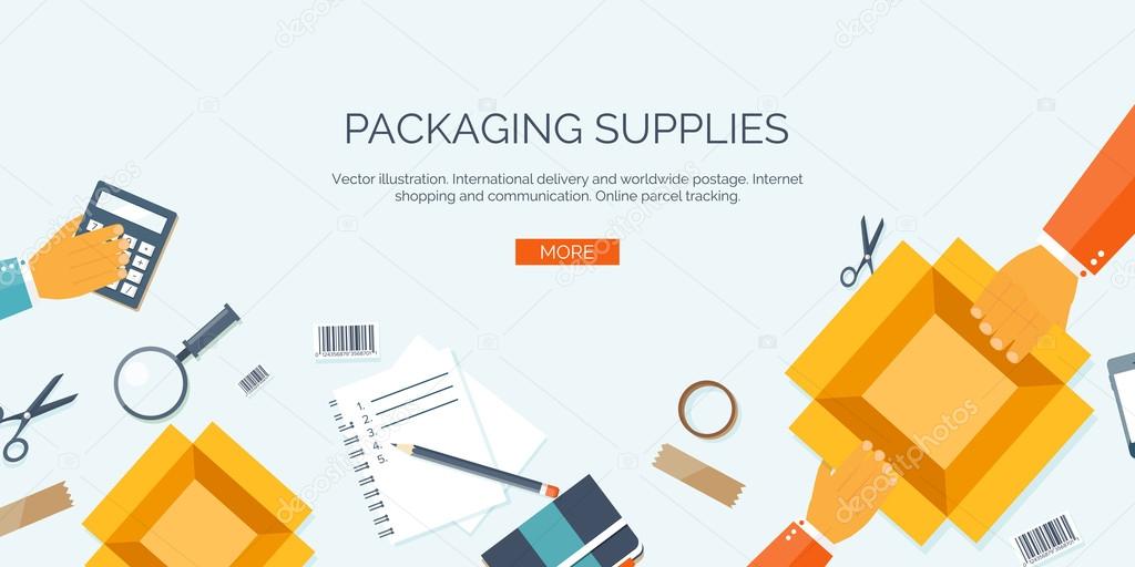 Vector illustration. Flat header. International delivery and worldwide postage. Emailing and online shopping. Envelope and package.