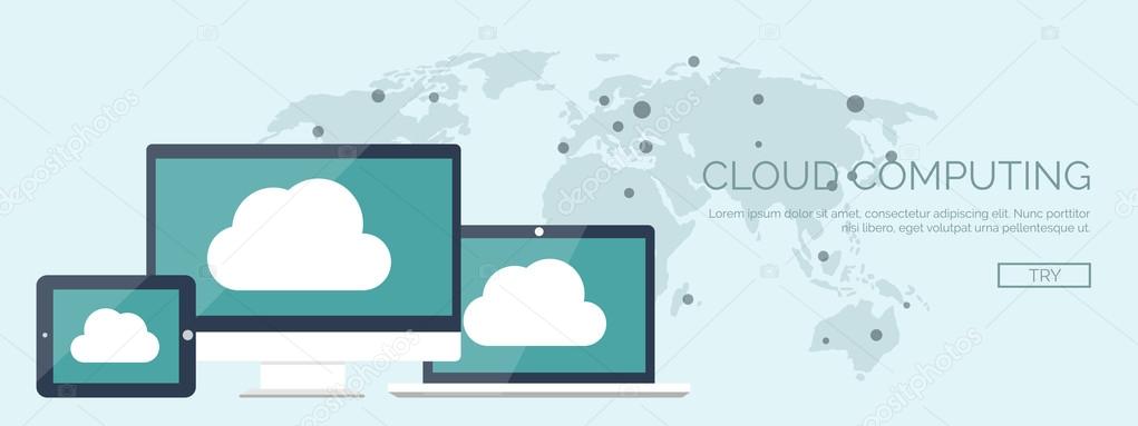 Vector illustration. Flat cloud computing background. Data storage network technology. Multimedia content and web sites hosting. Memory and information transfer.