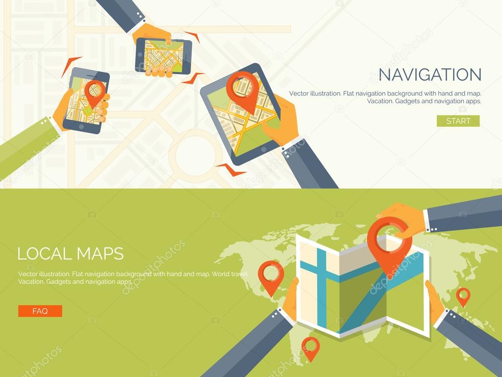Vector illustration. Flat backgrounds set. Navigation and travelling.  Map pointer and location finding. Web application.