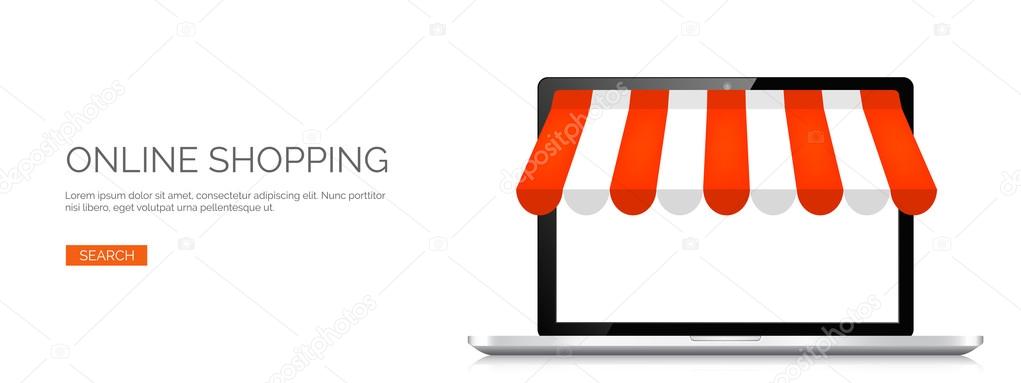 Vector illustration. Laptop. Online store, internet shopping. Web deals and currency.