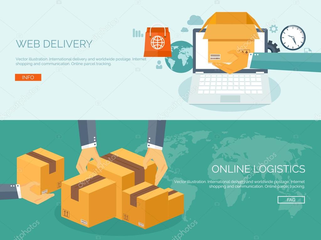 Vector illustration. Flat header. International delivery and worldwide postage. Online logistics and packaging.