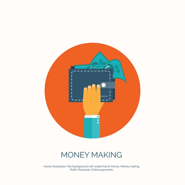 Vector illustration. Flat background with hand and wallet full of money. Online shopping. Pay per click. Money making. — Stock Vector