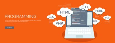 Vector illustration. Flat background. Coding, programming. SEO. Search engine optimization. App development and creation. Software, program code. Web design.