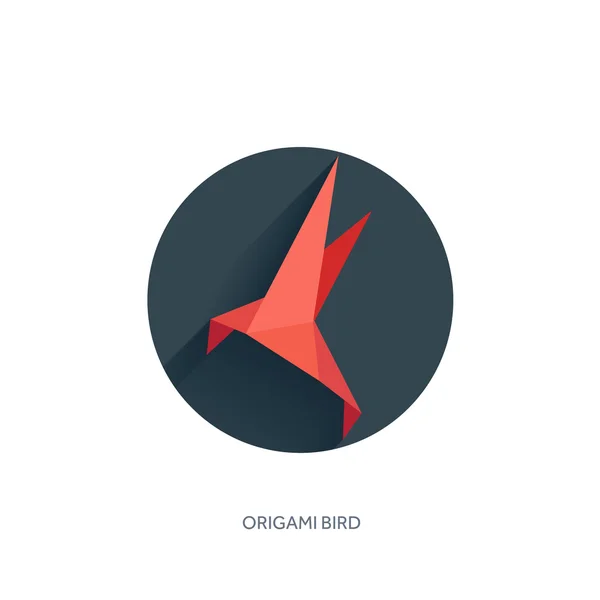 Origami flat paper bird on abstract round background with shadow. — Stock vektor