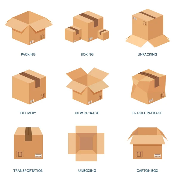 Vector illustration. Flat carton box. Transport, packaging, shipment. Post service and delivery. — ストックベクタ