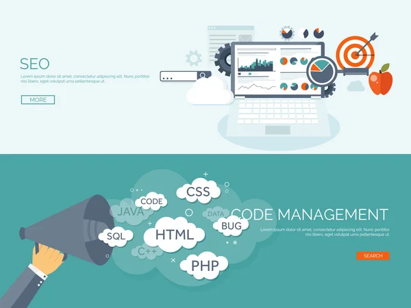 Ilustración vectorial. Fondo plano. Codificación, programación. SEO. Optimización de motores de búsqueda. Desarrollo y creación de aplicaciones. Software, código de programa. Diseño web . — Archivo Imágenes Vectoriales