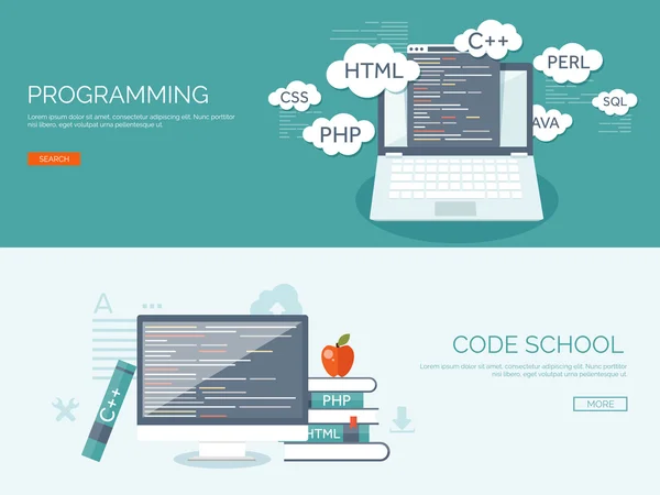 Illustrazione vettoriale. Fondo piatto. Codifica, programmazione. SEO. Ottimizzazione dei motori di ricerca. Sviluppo e creazione di app. Software, codice del programma. Progettazione web . — Vettoriale Stock