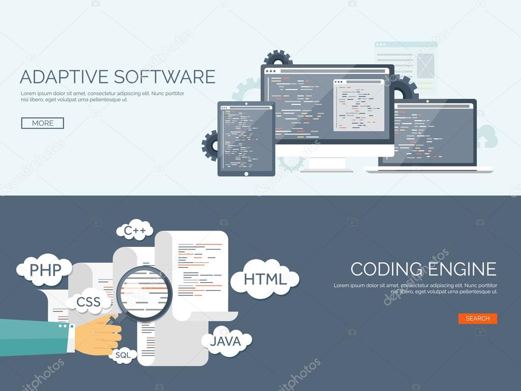 Vector illustration. Flat background. Coding, programming. SEO. Search engine optimization. App development and creation. Software, program code. Web design.