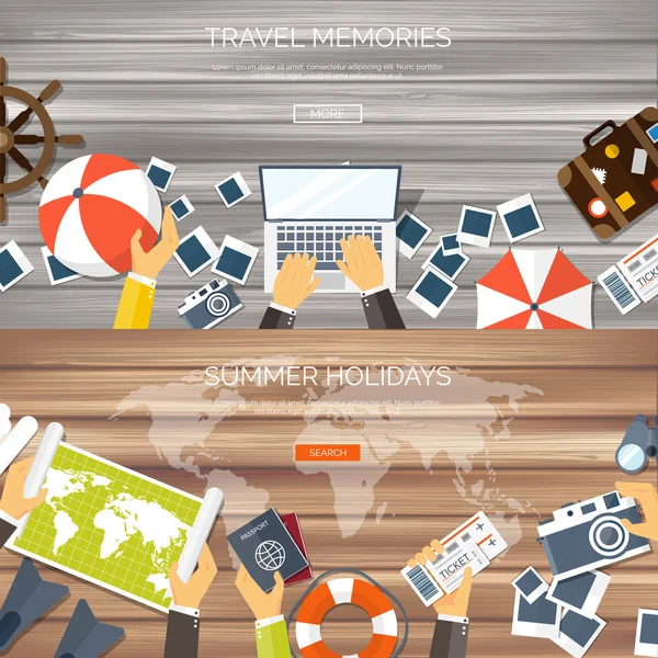 Flat travel background. Summer holidays, vacation. Plane, boat, car  traveling. Tourism, trip  and journey. — Wektor stockowy