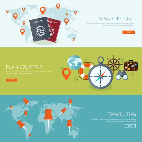 Flat travel background. Summer holidays, vacation. Plane, boat, car  traveling. Tourism, trip  and journey. — 图库矢量图片