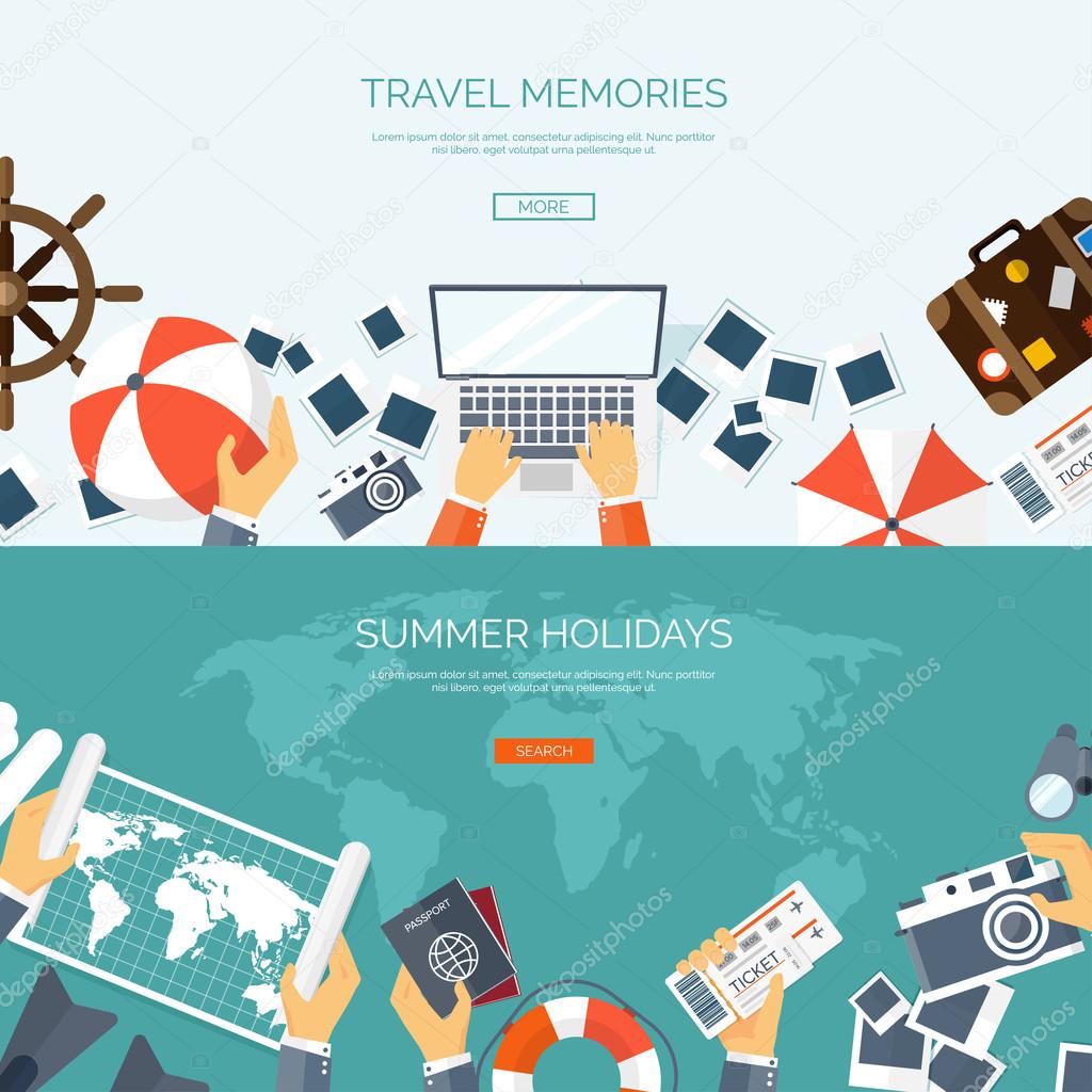 Flat travel background. Summer holidays, vacation. Plane, boat, car  traveling. Tourism, trip  and journey.