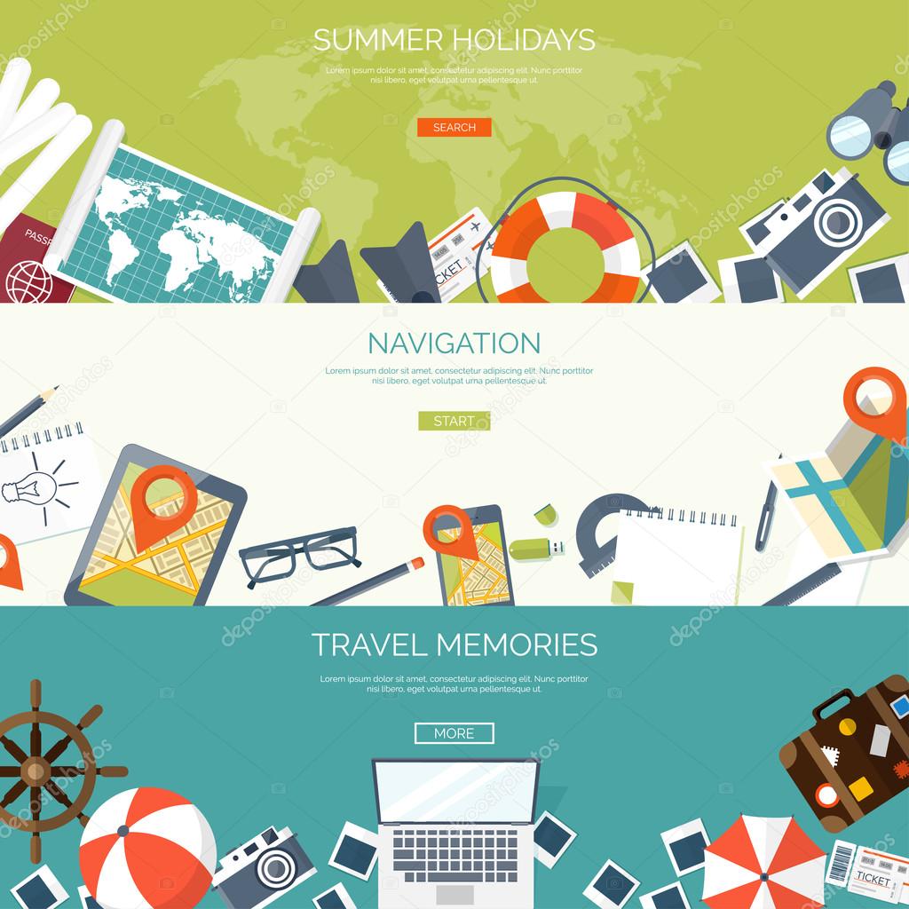 Flat travel background. Summer holidays, vacation. Plane, boat, car  traveling. Tourism, trip  and journey.