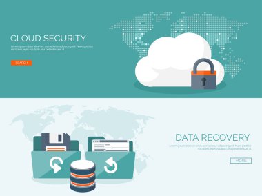 Vector illustration. Flat cloud computing background. Data storage network technology. Multimedia content and web sites hosting. Memory, information transfer.