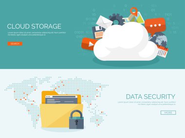 Vector illustration. Flat cloud computing background. Data storage network technology. Multimedia content and web sites hosting. Memory, information transfer.