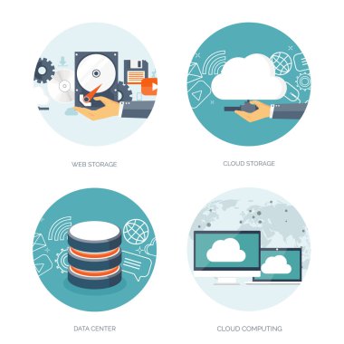 Vector illustration. Flat cloud computing background. Data storage network technology. Multimedia content and web sites hosting. Memory, information transfer.