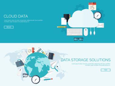 Vector illustration. Flat cloud computing background. Data storage network technology. Multimedia content and web sites hosting. Memory, information transfer.
