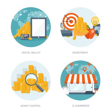 Vektör çizim. Düz başlık. Alışveriş. Web mağaza. Küresel iletişim, ticaret. E-iş. Ticaret, para yapma. Internet Bankacılığı.
