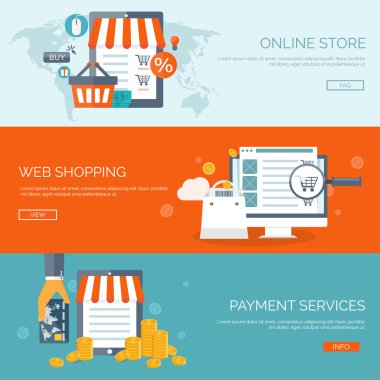 Vektör çizim. Düz başlık. Alışveriş. Web mağaza. Küresel iletişim, ticaret. E-iş. Ticaret, para yapma. Internet Bankacılığı.