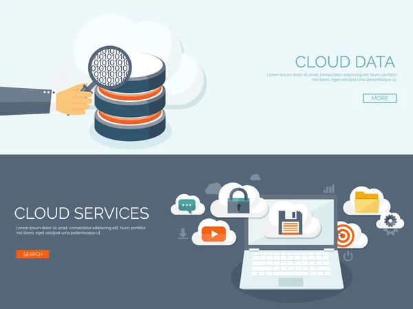 Vector illustration. Flat cloud computing background. Data storage network technology. Multimedia content and web sites hosting. Memory, information transfer. — 图库矢量图片