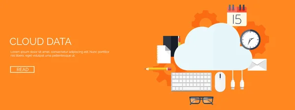 Vector illustration. Flat cloud computing background. Data storage network technology. Multimedia content and web sites hosting. Memory, information transfer. — Stock Vector