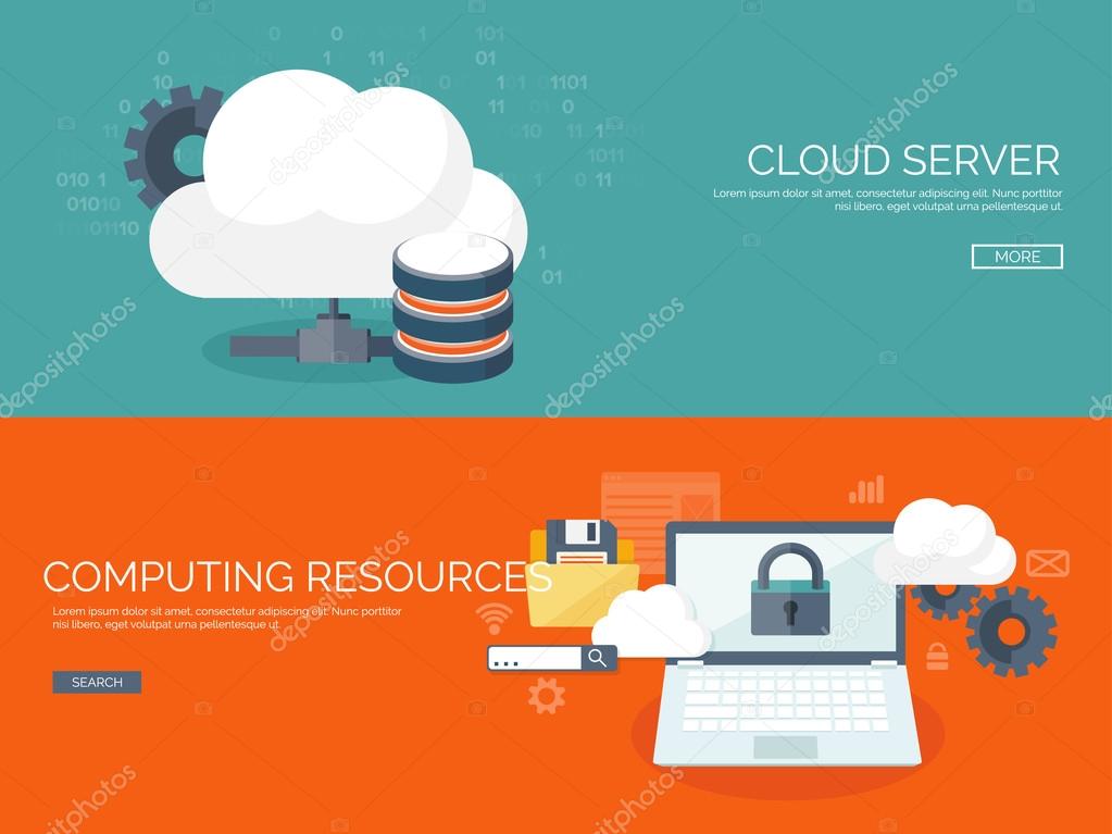 Vector illustration. Flat cloud computing background. Data storage network technology. Multimedia content and web sites hosting. Memory, information transfer.