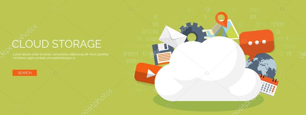 Vector illustration. Flat cloud computing background. Data storage network technology. Multimedia content and web sites hosting. Memory, information transfer.