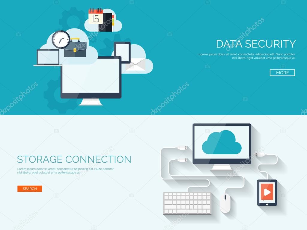 Vector illustration. Flat cloud computing background. Data storage network technology. Multimedia content and web sites hosting. Memory, information transfer.