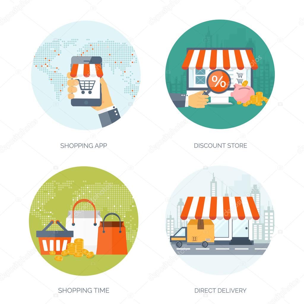 Vector illustration. Flat header. Shopping. Web store. Global communication, trading. E-business. Commerce, money making. Internet banking.