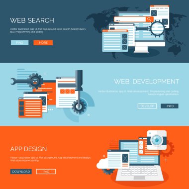 Vector illustration. Flat background. Coding, programming. SEO. Search engine optimization. App development and creation. Software, program code. Web design.