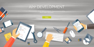 Vector illustration. Flat background. Coding, programming. SEO. Search engine optimization. App development and creation. Software, program code. Web design.