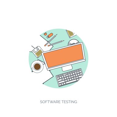 Vector illustration. Flat background. Coding, programming. SEO. Search engine optimization. App development and creation. Software, program code. Web design.
