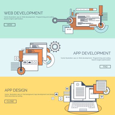 Vector illustration. Flat background. Coding, programming. SEO. Search engine optimization. App development and creation. Software, program code. Web design.