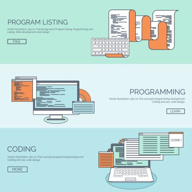 Vector illustration. Flat background. Coding, programming. SEO. Search engine optimization. App development and creation. Software, program code. Web design.