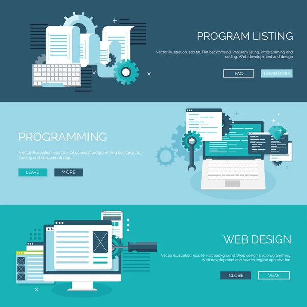 Vector illustration. Flat background. Coding, programming. SEO. Search engine optimization. App development and creation. Software, program code. Web design. — Stok Vektör