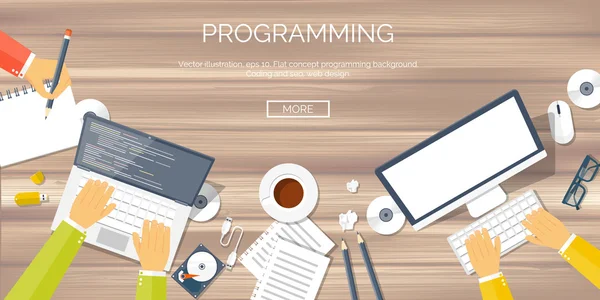 Illustrazione vettoriale. Fondo piatto. Codifica, programmazione. SEO. Ottimizzazione dei motori di ricerca. Sviluppo e creazione di app. Software, codice del programma. Progettazione web . — Vettoriale Stock