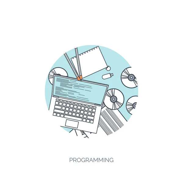 Vector illustration. Flat background. Coding, programming. SEO. Search engine optimization. App development and creation. Software, program code. Web design. — Stok Vektör