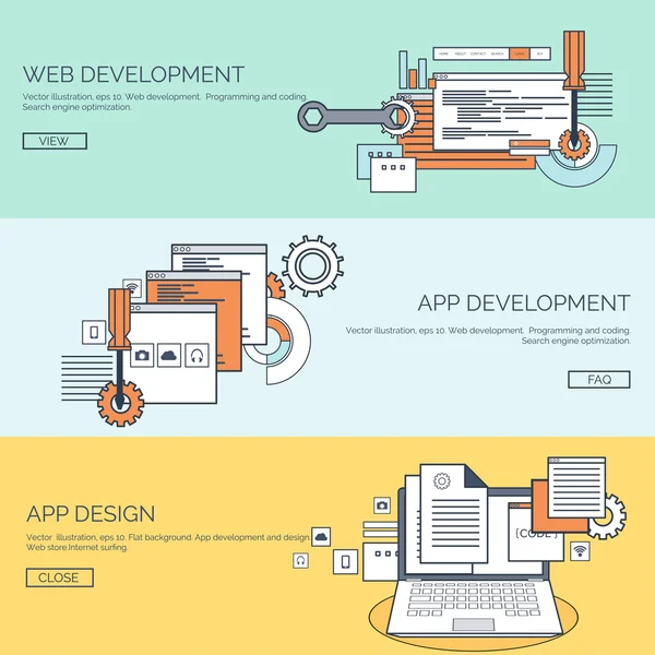 Vector illustration. Flat background. Coding, programming. SEO. Search engine optimization. App development and creation. Software, program code. Web design. — ストックベクタ