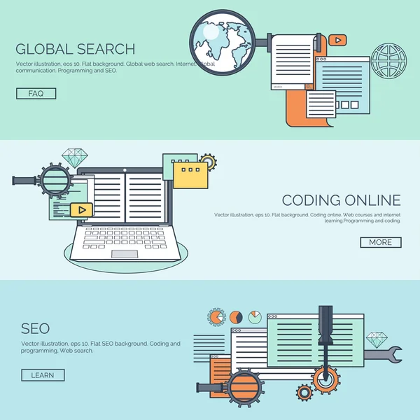 Ilustración vectorial. Fondo plano. Codificación, programación. SEO. Optimización de motores de búsqueda. Desarrollo y creación de aplicaciones. Software, código de programa. Diseño web . — Archivo Imágenes Vectoriales