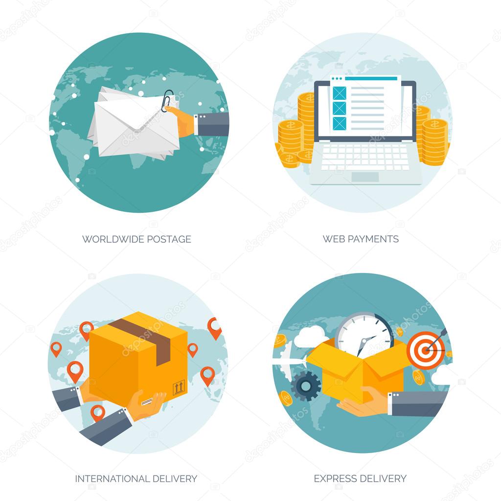Flat vector illustration backgrounds set. International delivery and worldwide postage. Emailing ,online shopping. Envelope ,package.