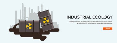 Vector illustration. Flat industrial background. Nuclear power plant, fuel. Environment protection. Eco problems. Air pollution. Urbanization.
