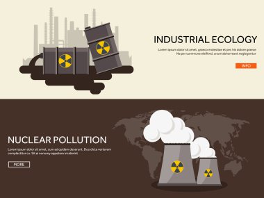 Vector illustration. Flat industrial background. Nuclear power plant, fuel. Environment protection. Eco problems. Air pollution. Urbanization.