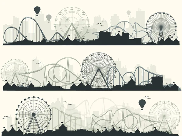 Vector illustration. Ferris wheel. Carnival. Funfair background. Circus park. Roller coaster. — Stockvector