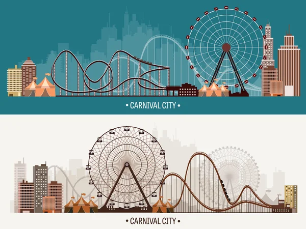 Vector illustration. Ferris wheel. Carnival. Funfair background. Circus park.  Skyscrapers with roller coast. — 스톡 벡터