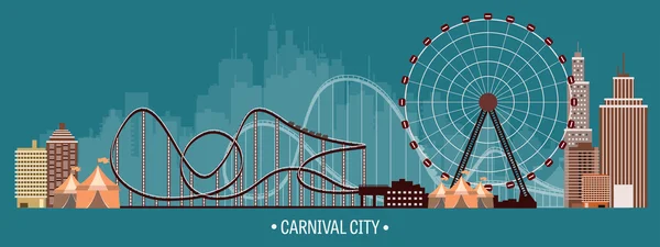 Vector illustration. Ferris wheel. Carnival. Funfair background. Circus park.  Skyscrapers with roller coast. — Stok Vektör