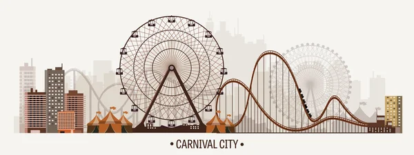 Vector illustration. Ferris wheel. Carnival. Funfair background. Circus park.  Skyscrapers with roller coast. — Διανυσματικό Αρχείο